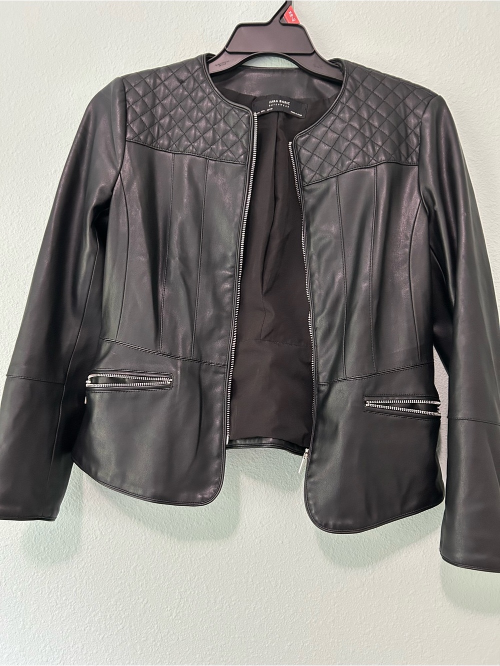Zara Black Quilted-Shoulder Faux Leather Jacket